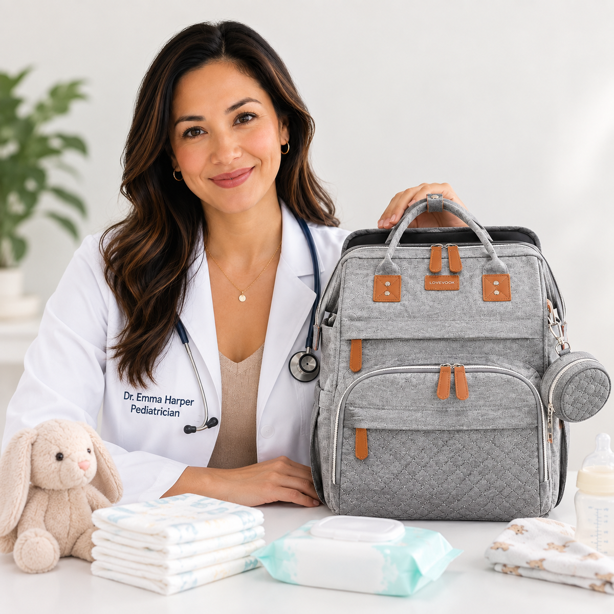 Professional portrait of Dr. Emma Harper with a baby travel diaper bag