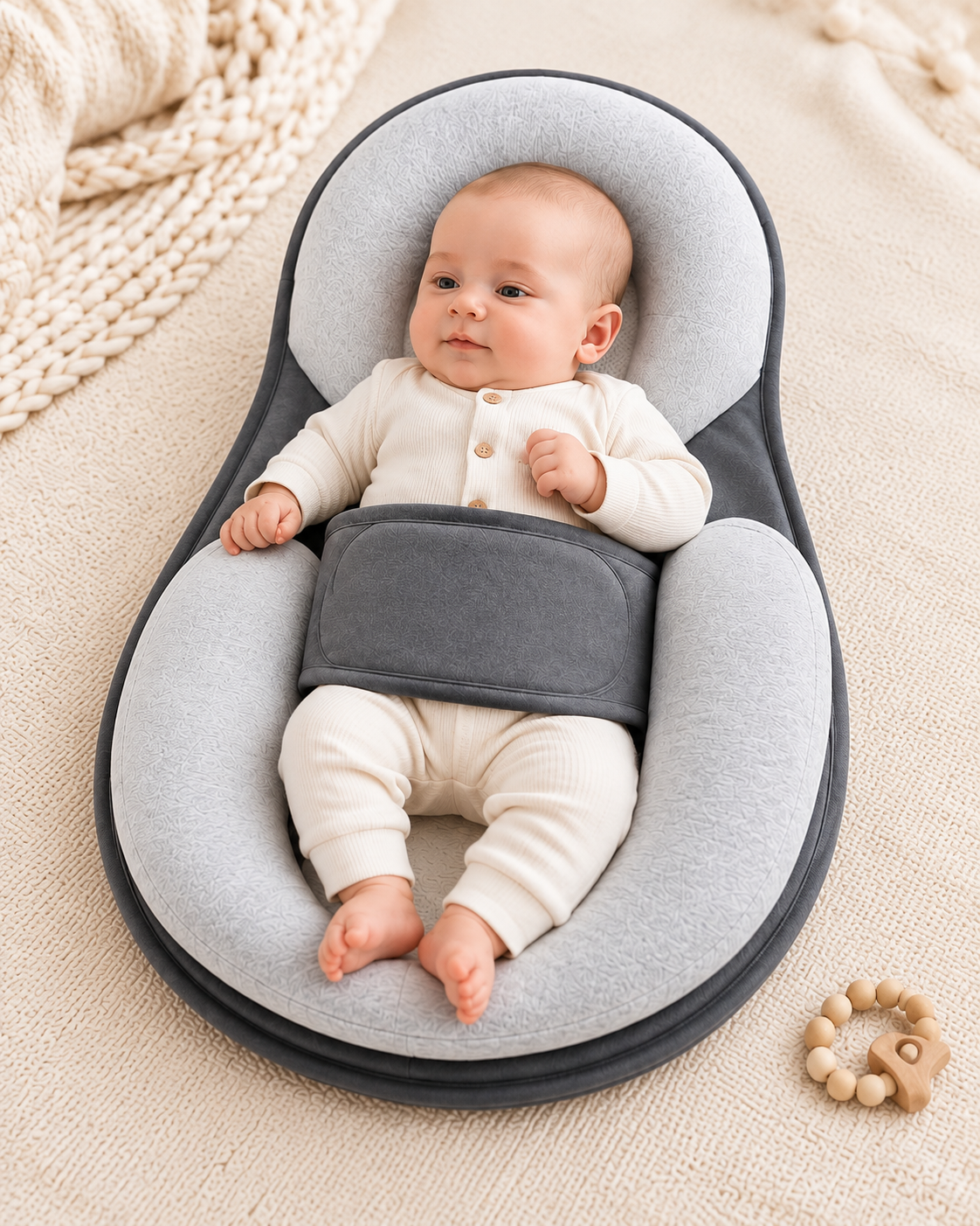 Parent and baby relaxing with the ComfortNest Lounger